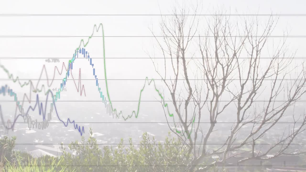 도시 풍경 위의 금융 데이터 처리 애니메이션