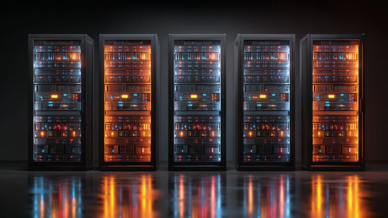 A stunning display of illuminated server racks, showcasing vibrant colors while highlighting the advanced technology and intricate designs of modern data centers