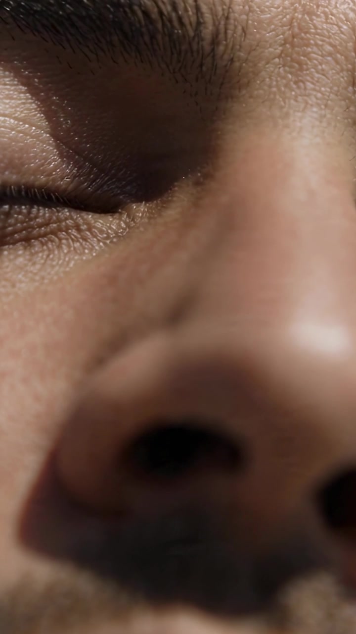 Vertical video: Camera adjusting close-up male nose on set showing nostrils closed eyelid stubble