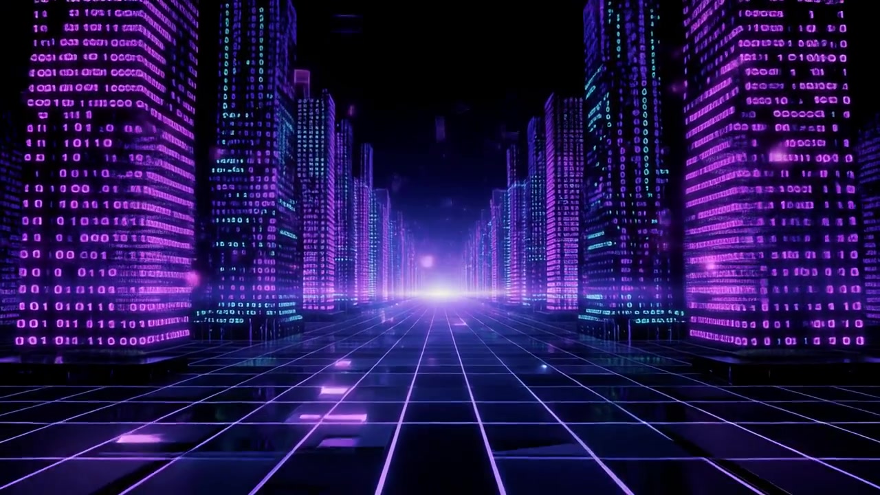 Abstrakt cyberspace-by med glødende binære data og gittergulv