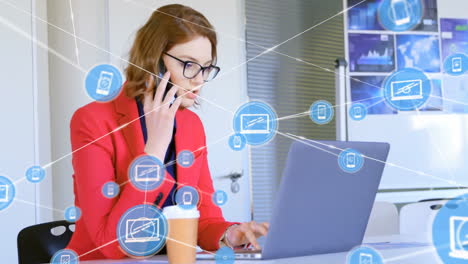 businesswoman using laptop and phone with network connections animation over office background