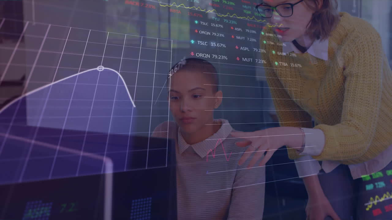 Animation of statistical, stock market data processing over two diverse women discussing at office