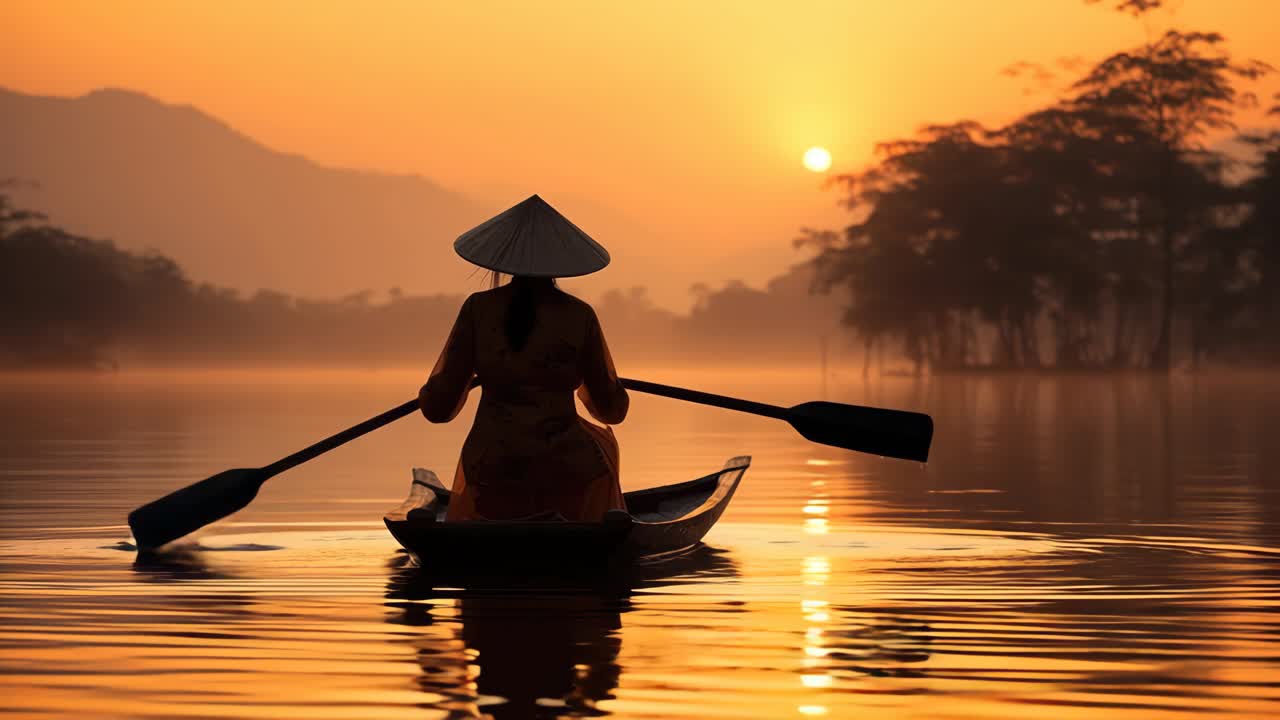 Serene video concept of a person rowing at sunrise. Captured from behind at a low angle