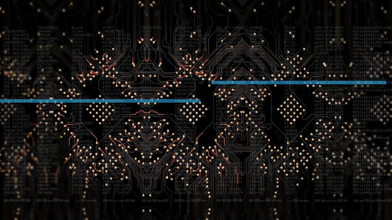 컴퓨터 회로판 위에 파란색 선으로 데이터 처리의 애니메이션