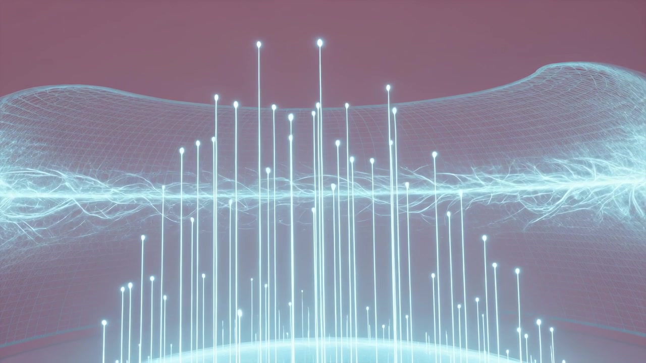 Rising rods emerging from glowing base emitting pulses in data studio, tips sparking over cyan band