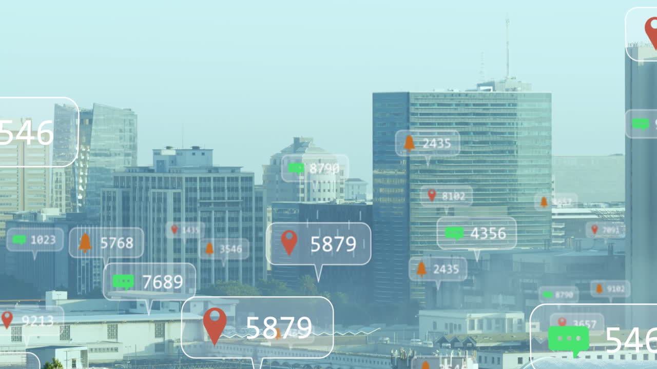 소셜 미디어 아이콘의 애니메이션과 도시 풍경에 대한 데이터 처리