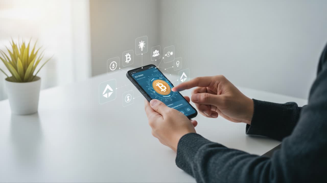 A person engaging with cryptocurrency through a smartphone, showcasing various digital currency icons and a modern interface, representing the evolution of finance and technology