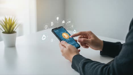a person engaging with cryptocurrency through a smartphone, showcasing various digital currency icons and a modern interface, representing the evolution of finance and technology