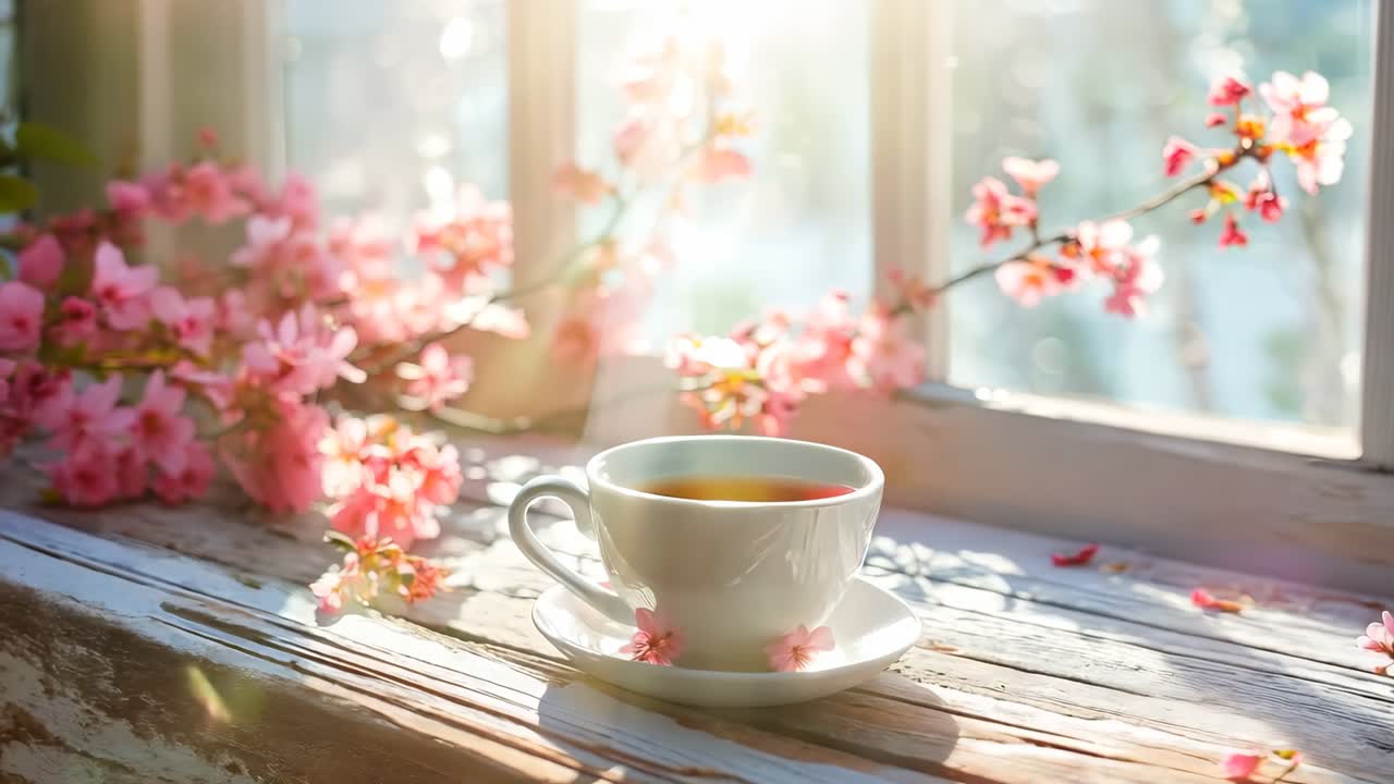 분홍색 꽃의 가지 에 창문 앞에 앉아 있는 차 한 잔