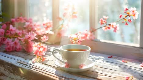 a cup of tea sitting on a window sill next to a branch of pink flowers