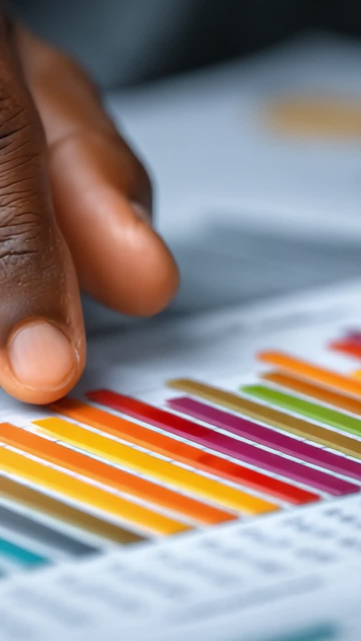 Analyzing Data Trends: A Close-Up of a Hand Interacting with Colorful Graphs Representing Key Performance Indicators and Statistical Analyses