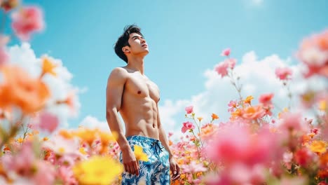 man in a flower field