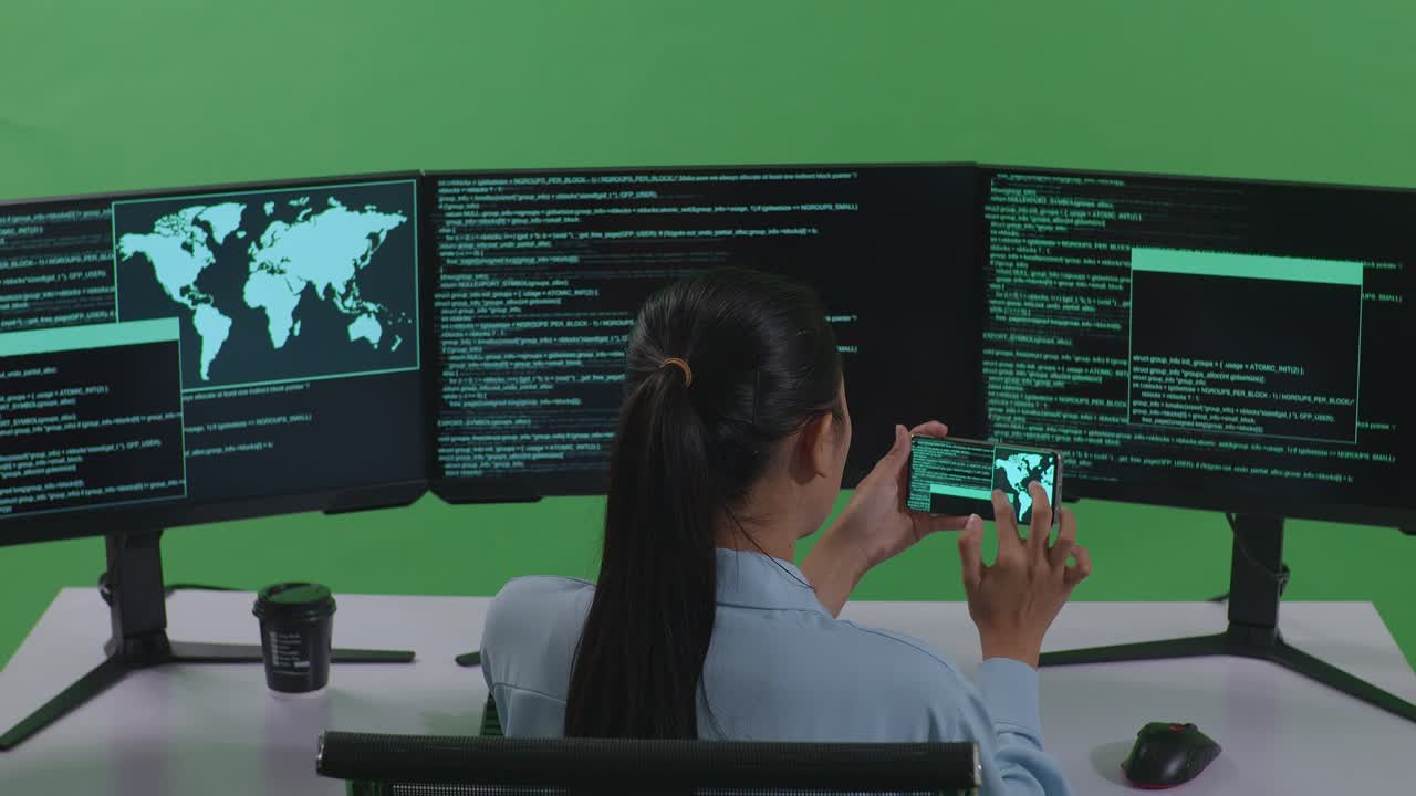 그린 스크린 스튜디오에서 여러 컴퓨터 화면으로 코드를 작성하는 동안 휴대전화로 작업하는 아시아 여성 개발자의 뒷면