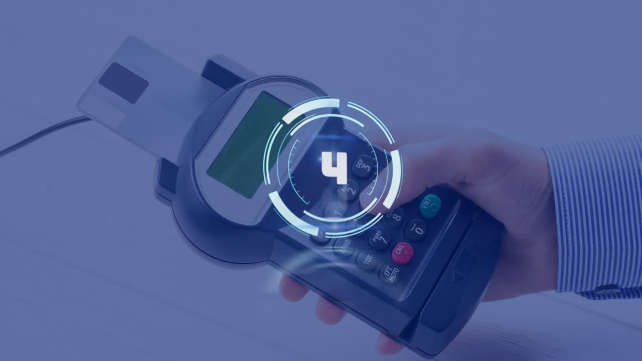 Animation of scope scanning with countdown over payment terminal