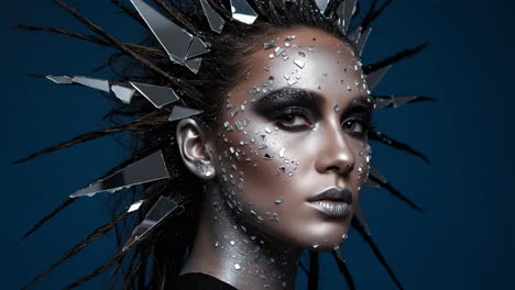 striking artistry: a powerful portrait of a model adorned with fragmented mirrors and metallic makeup, creating an edgy, futuristic aesthetic
