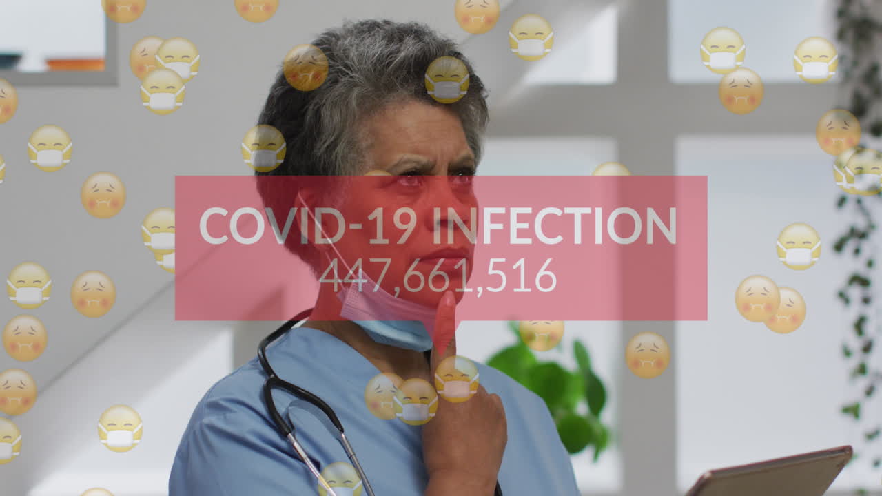 Animation of covid 19 infection numbers and emojis over female doctor thinking with face mask