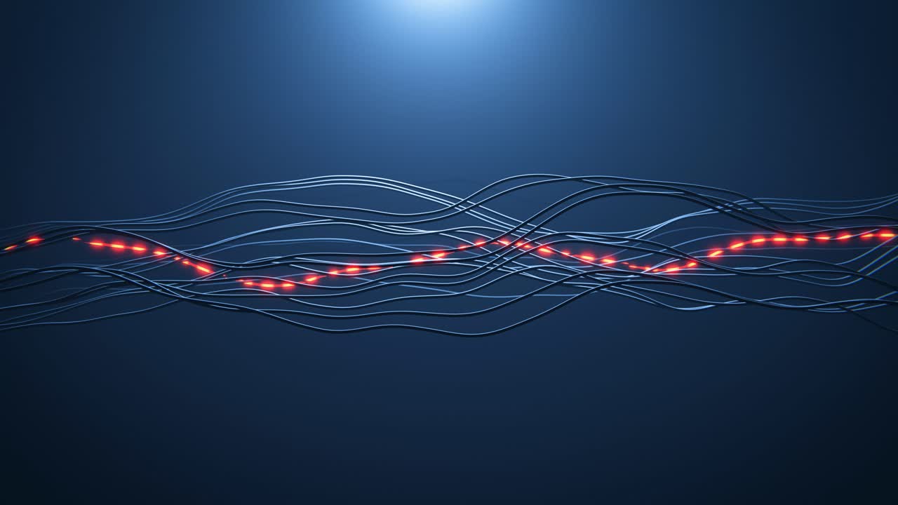 Abstract Wavy Lines with Glowing Red Data Flow