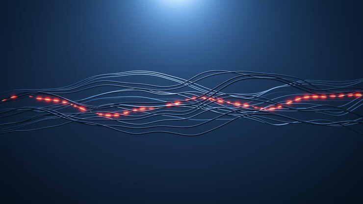 Abstract Wavy Lines with Glowing Red Data Flow