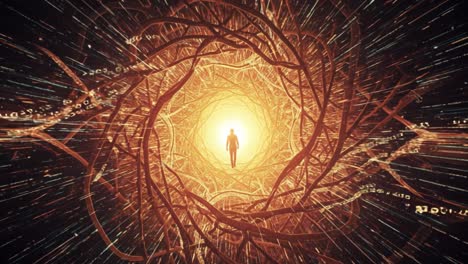 spiritual journey through a golden light tunnel
