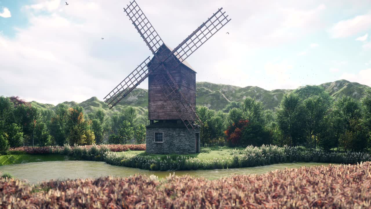 molino de viento tradicional del pueblo de pie cerca del estanque contra el fondo de las montañas y las nubes en un día despejado y soleado. animación 3d realista en bucle.