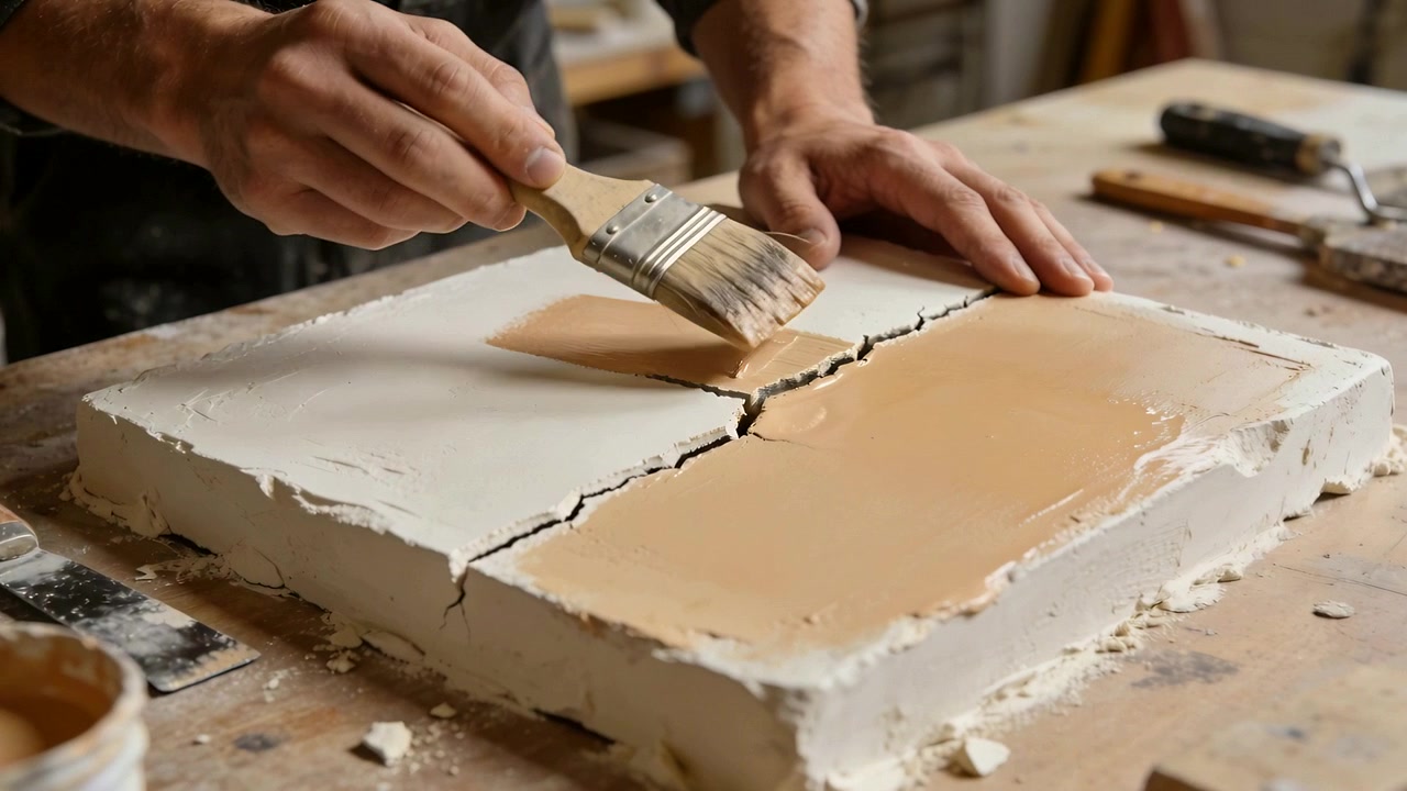 Mani di un artigiano con il grembiule che spazzolano, prelevando del materiale da una pozza su una lastra crepata per riempire una crepa in un laboratorio