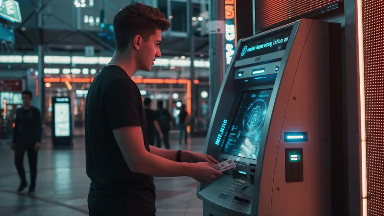 A Young Man Engaged with a Cryptocurrency ATM in a Modern Urban Environment, Showcasing the Intersection of Technology and Finance in Daily Life