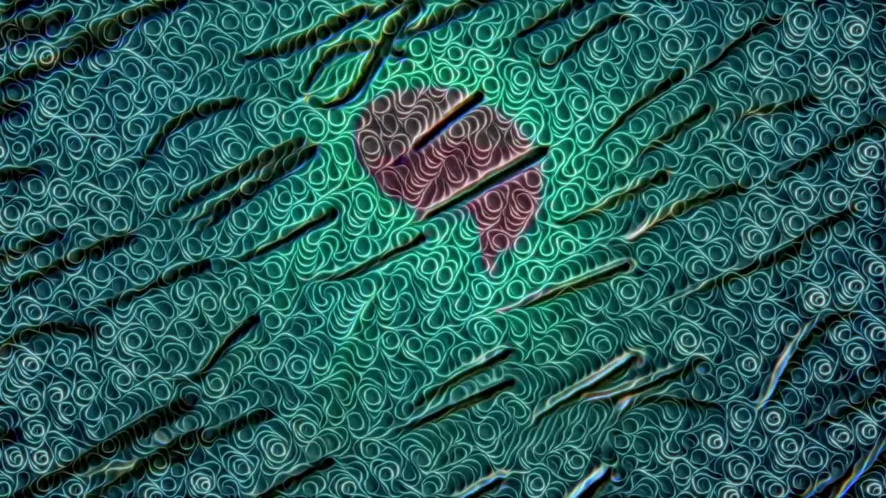 3D animation of school of fish swimming under sea surface with sun in background