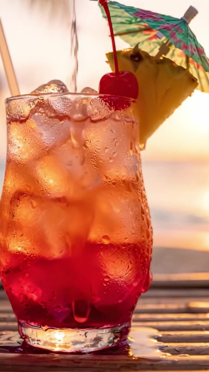 Forfriskende cocktail med kirsebær og tropisk paraply på en solnedgangsstrandbaggrund, der fanger essensen af sommerafslapning og fritid.