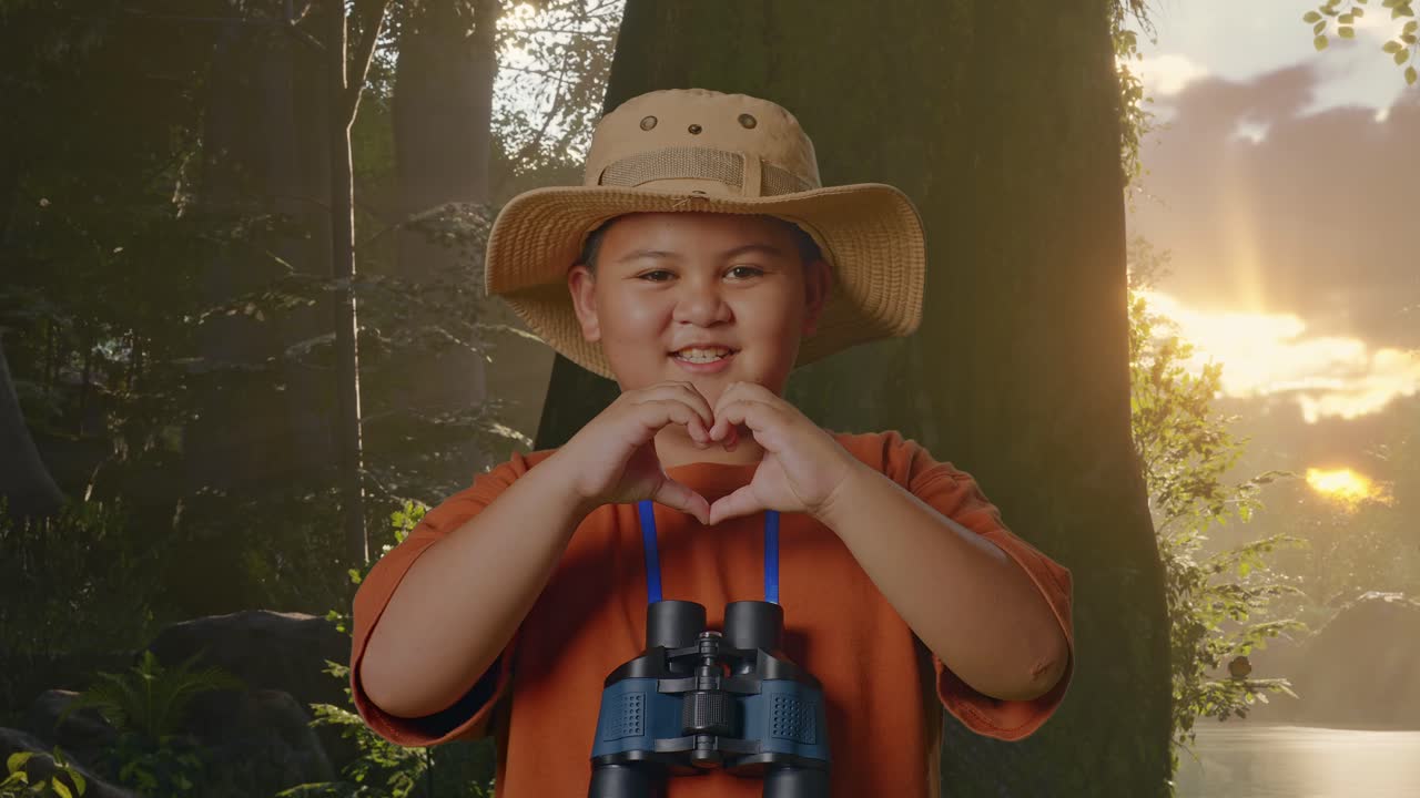모자와 안경을 쓴 아시아 소년이 숲의 자연을 탐험하면서 심장 모양의 몸짓을 하고 있다. 소년 연구자는 무언가를 조사한다. 여행, 관광, 모험 개념, 근접