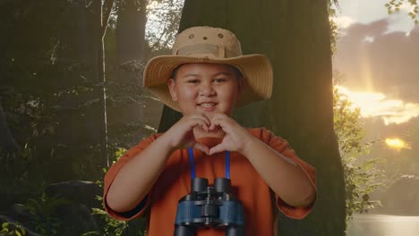 niño asiático con un sombrero y binoculares haciendo un gesto en forma de corazón mientras explora la naturaleza forestal. niño investigador examina algo, concepto de aventura de turismo de viaje, de cerca