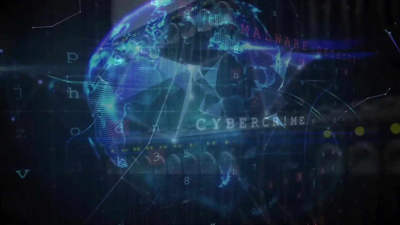 Animation of warning text and data processing over globe