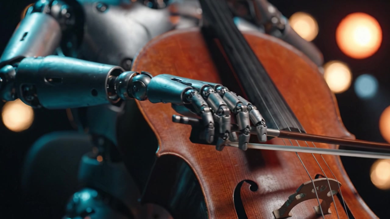 A robotic hand skillfully plays a cello, merging technology and art in a stunning performance filled with emotion and creativity under soft stage lighting.