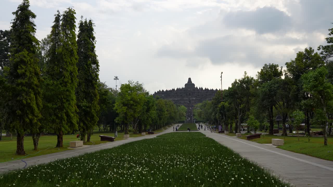 Entrance to Borobudur 9th-century Mahayana Buddhist temple during the day in Magelang Regency, Central Java, Indonesia, wide shot