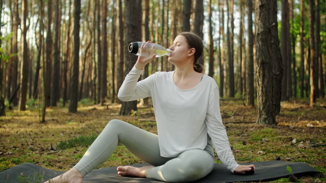 Woman drinking water in a forest