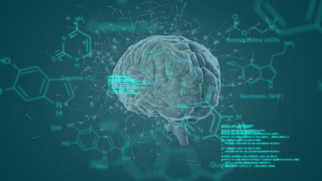 cerebro giratorio en 3d con datos y fórmula estructural de compuestos químicos