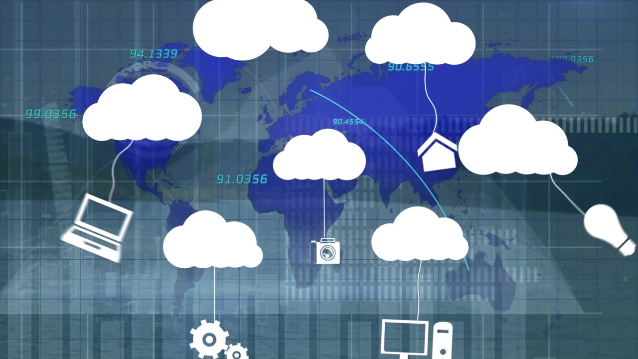 Animation of animation of clouds icons over graph and data processing