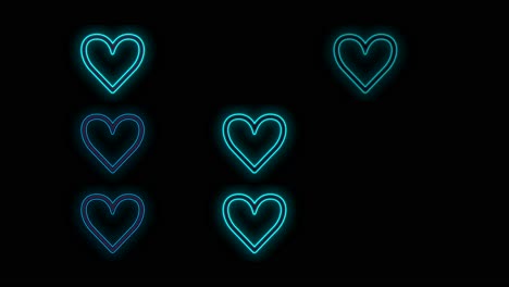 modern neon blue hearts pattern in rows on black gradient