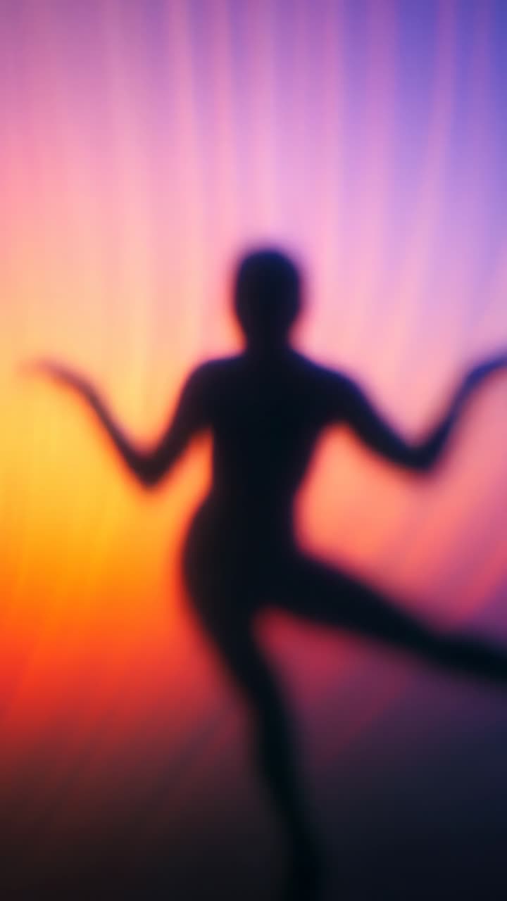 Silhouette of a dancing figure against a vibrant gradient background