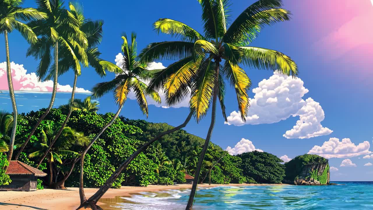 Cena vibrante de praia tropical com palmeiras e céu limpo, capturada de um ângulo baixo