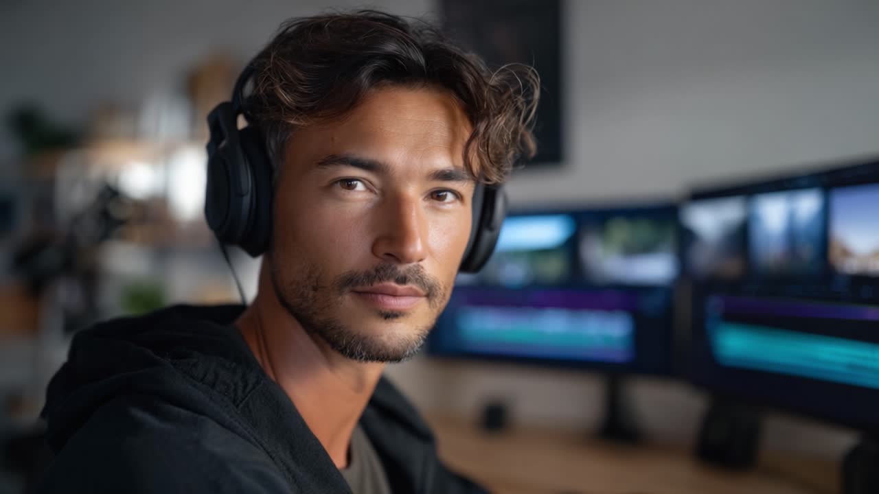 Creator concentrato sul video editing con cuffie in un ambiente di lavoro moderno, con monitor multipli che mostrano immagini colorate
