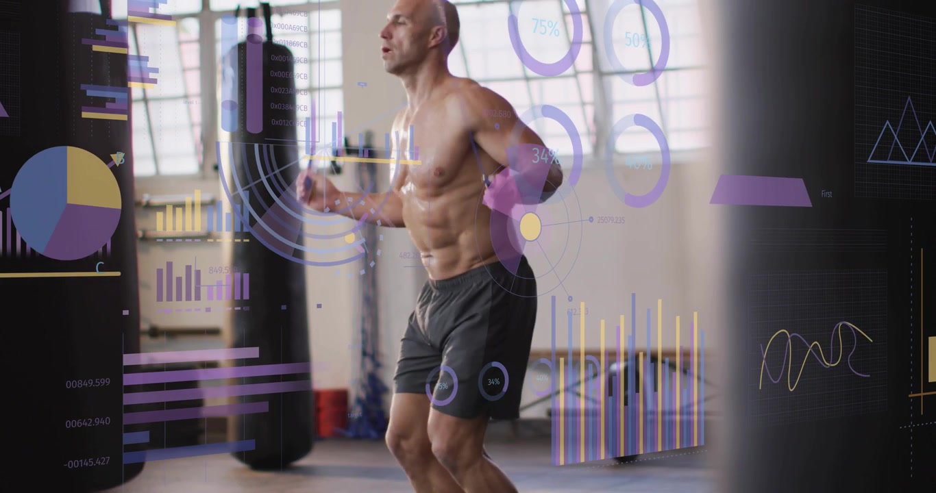 Atleta che salta la corda in palestra, con la telecamera che parte dai piedi e si allontana, e grafici di fitness che tracciano l'allenamento.