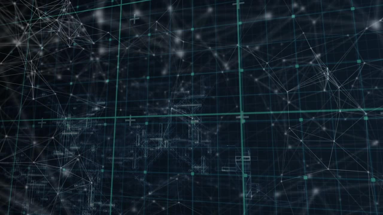 Animation of network of connections and data processing on black background