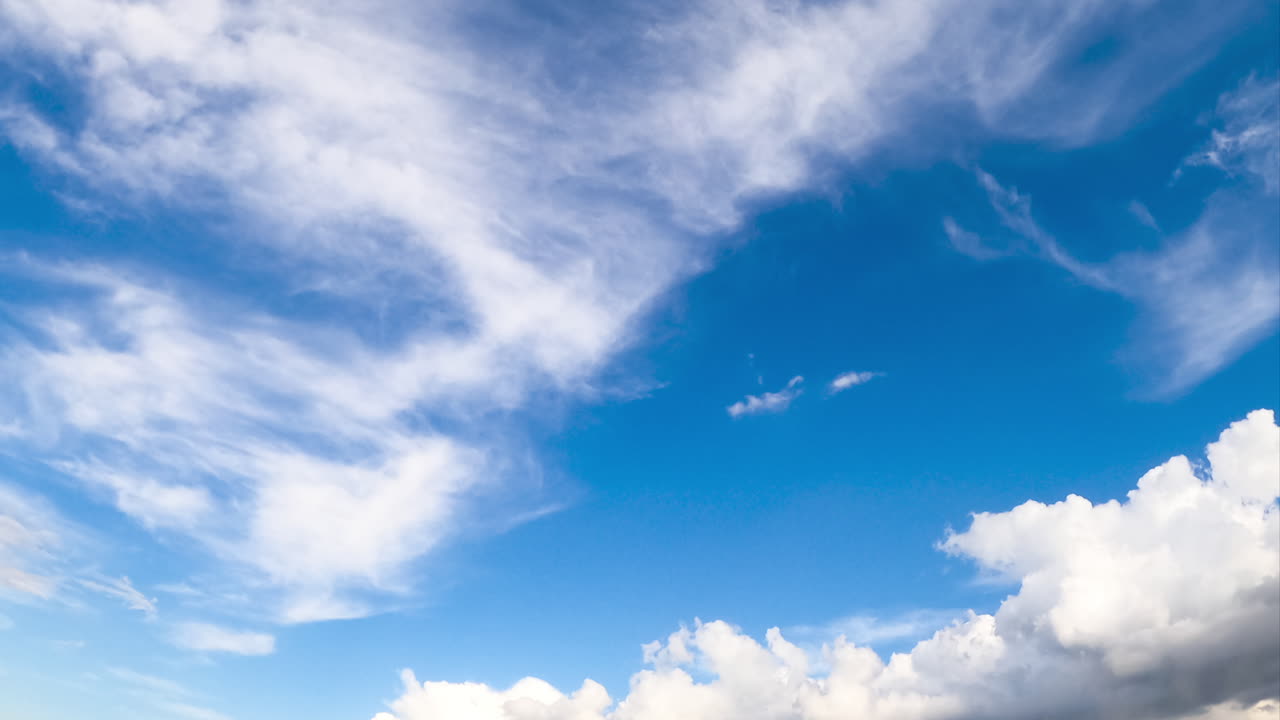 Azure skies with floating soft light clouds. Summer day cloudscape from low angle view. Timelapse.