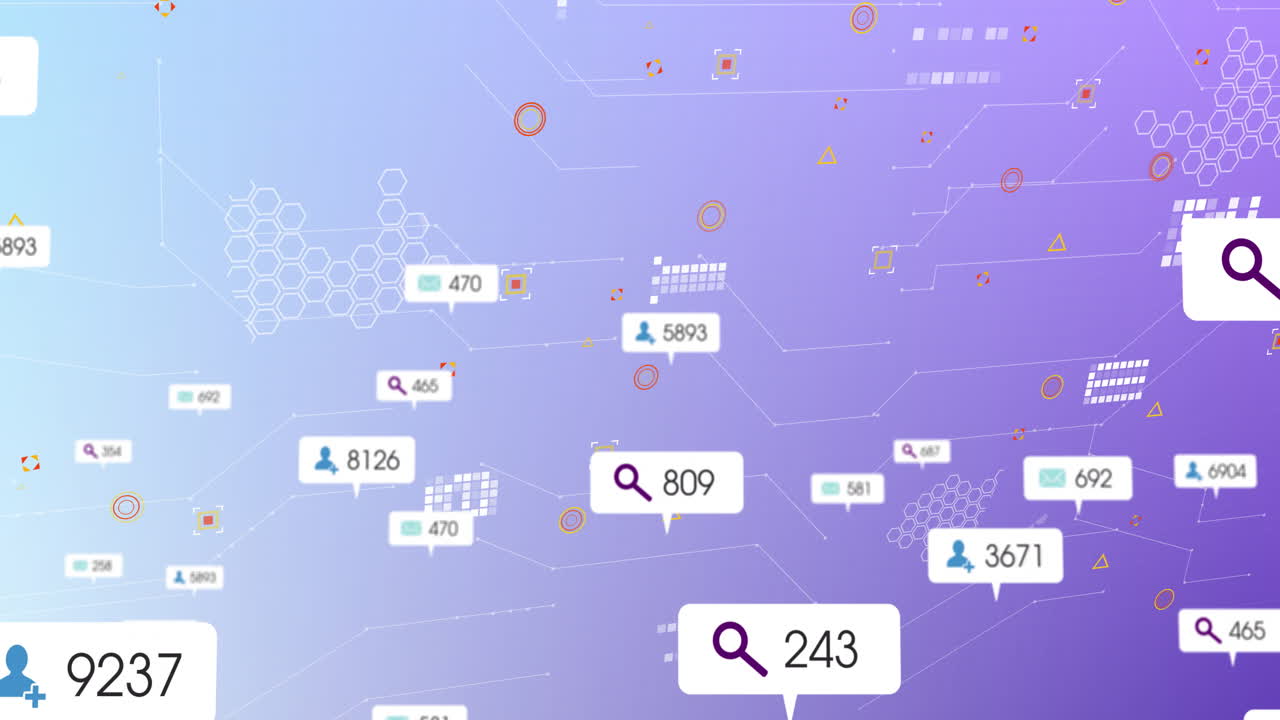 Animation of digital data visualization with search icons and numerical statistics