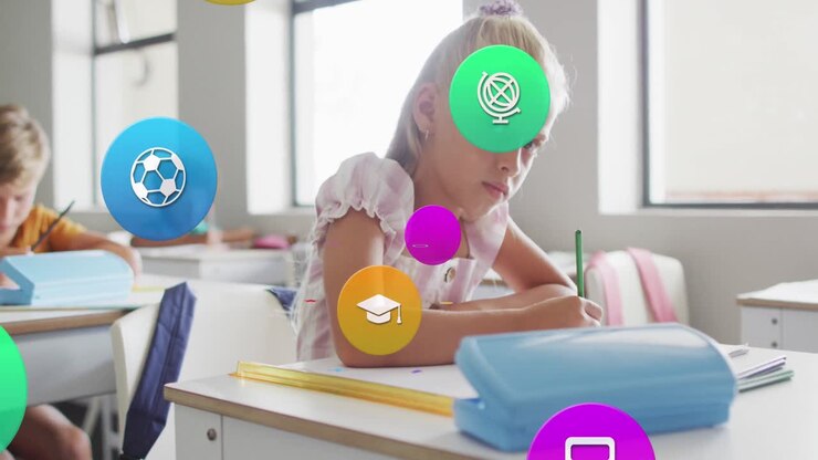 Animation of school icons over smiling caucasian schoolgirl working at desk in class
