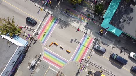 1-3 aerial twist panaramic birds eye view above davie and bute rainbow sidewalks in downtown vancouver's gay village coimmunity on a sunny afternoon with covid-19 barriers on streets for safe walking