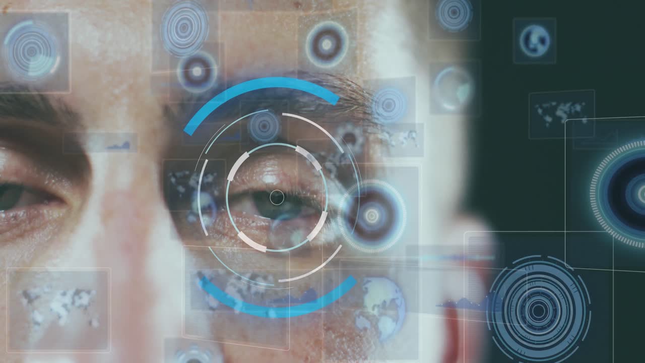 animación de iconos digitales y escaneo de alcance sobre el hombre caucásico