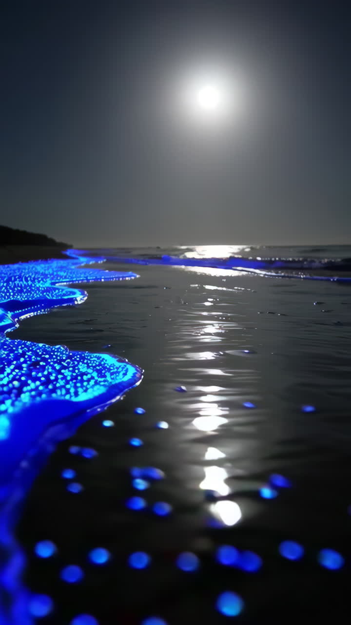Glowing Bioluminescent Plankton on a Moonlight Beach