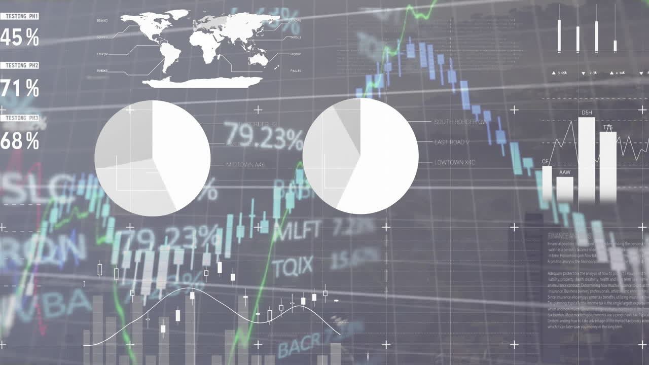 도시 풍경의 공중 전망에 대한 통계 및 증권 시장 데이터 처리의 애니메이션