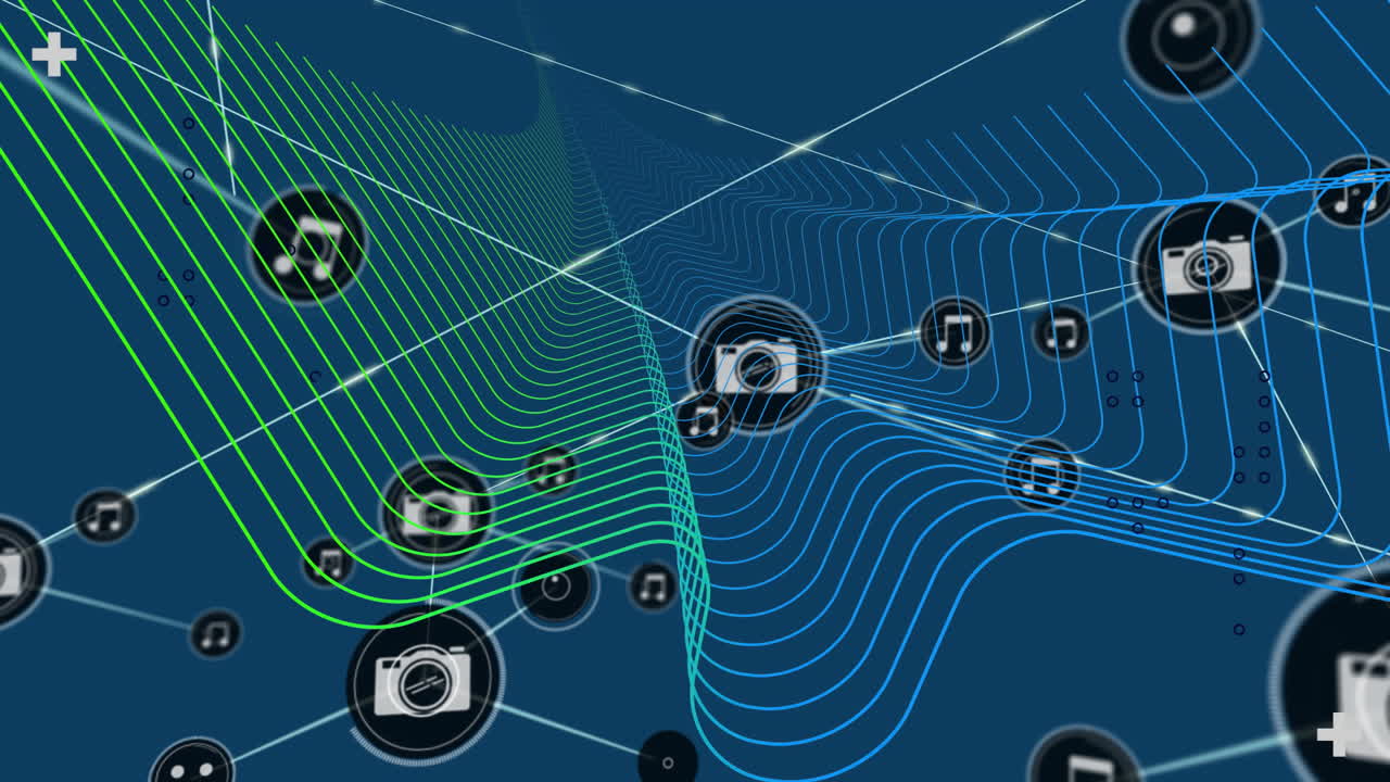 Animation of network of camera and music icons transferring data on blue background